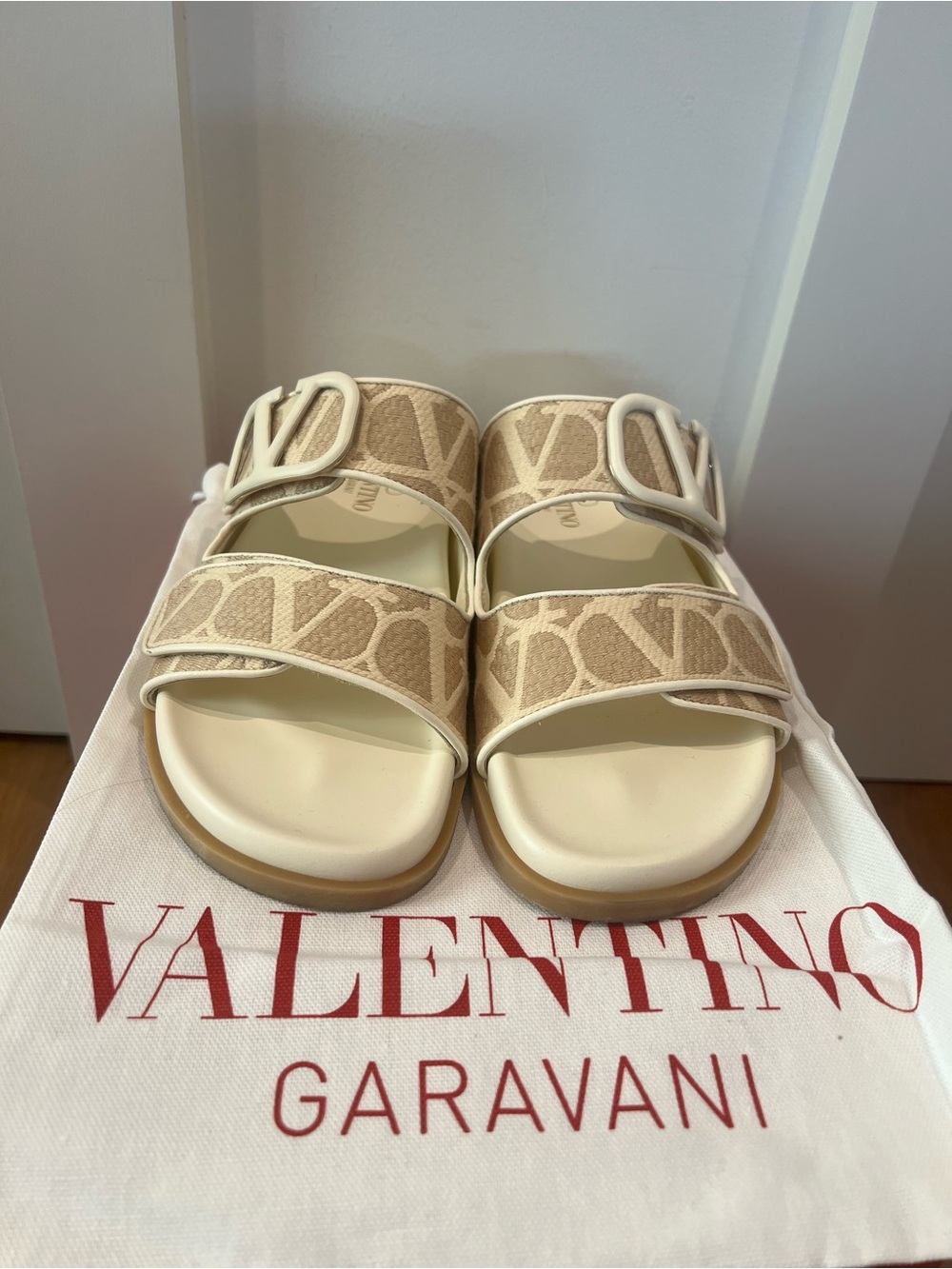 Valentino Garavani Beige Logo Canvas Double-Strap Slides